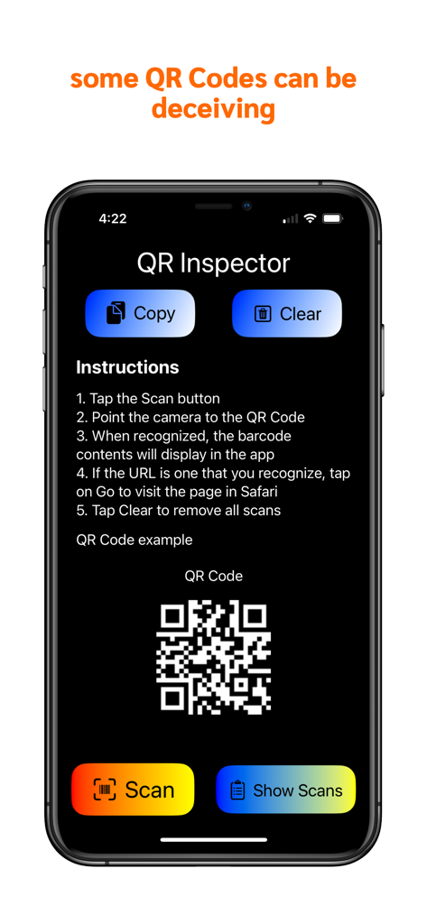 QR Code Inspector home screen displaying security instructions and scan buttons