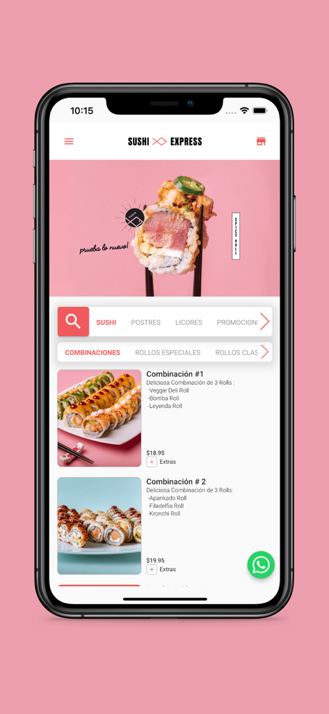 Sushi Express PTY - Sushi Express PTY mobile app interface displaying a menu of sushi roll combinations and current promotions.