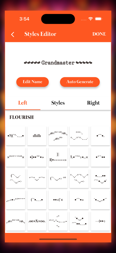 Name Style : Nickname Creator - Editor de estilos do aplicativo Nickname Creator mostrando uma prévia de um nome estilizado e uma grade de floreios de texto.