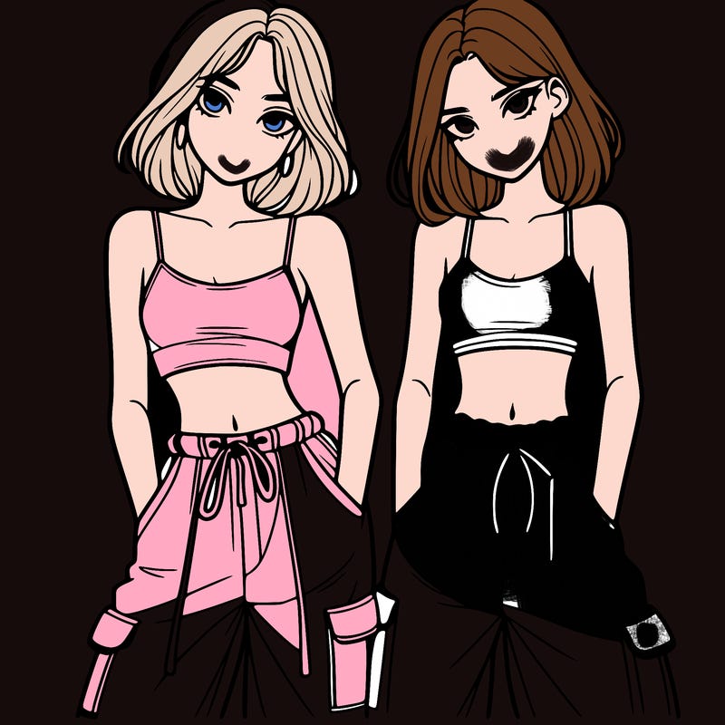 two girls with crop top with baggy pants