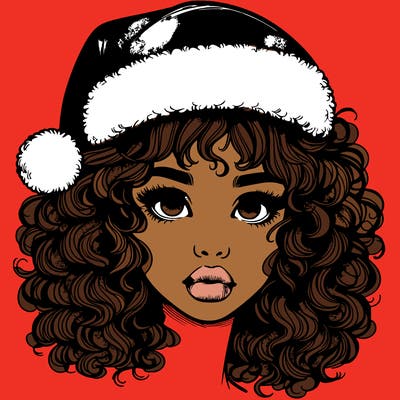 realistic girl with a santa hat curly hair and lips