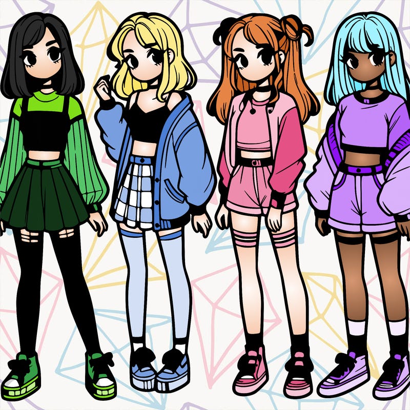 one girl with crop-top shirt and a jacket with a skirt, long socks and another girl with a shirt and pants with a jacket