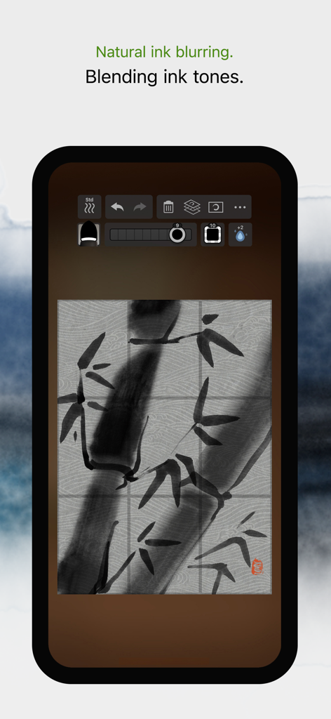 A digital ink wash painting of bamboo showing natural ink blurring and blending effects