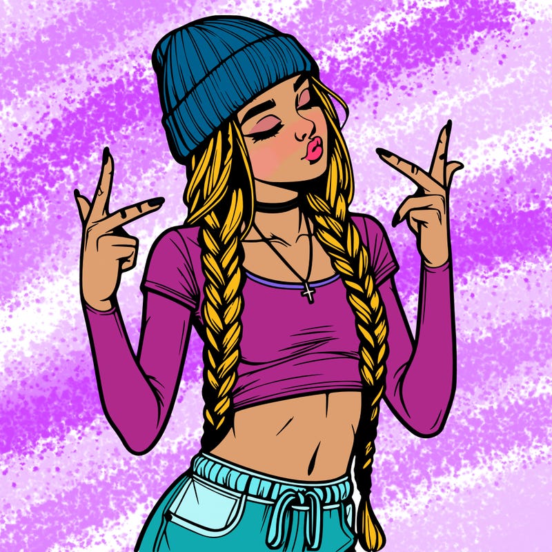 realistic teenage girl with braids and a beanie and crop top doing 🫶🏼
