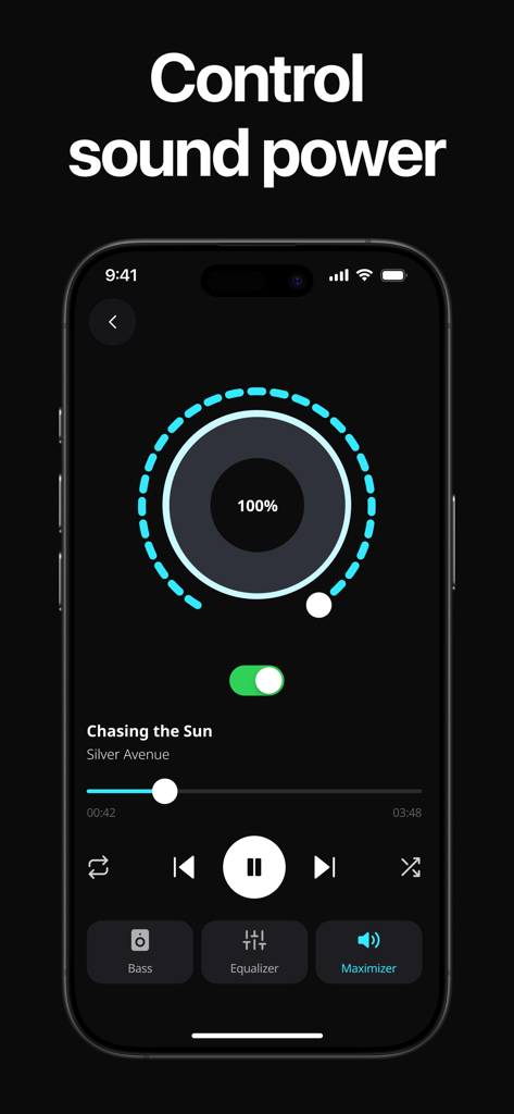 Écran de smartphone affichant le maximiseur de volume et les contrôles de puissance sonore de l'application Bass Booster.