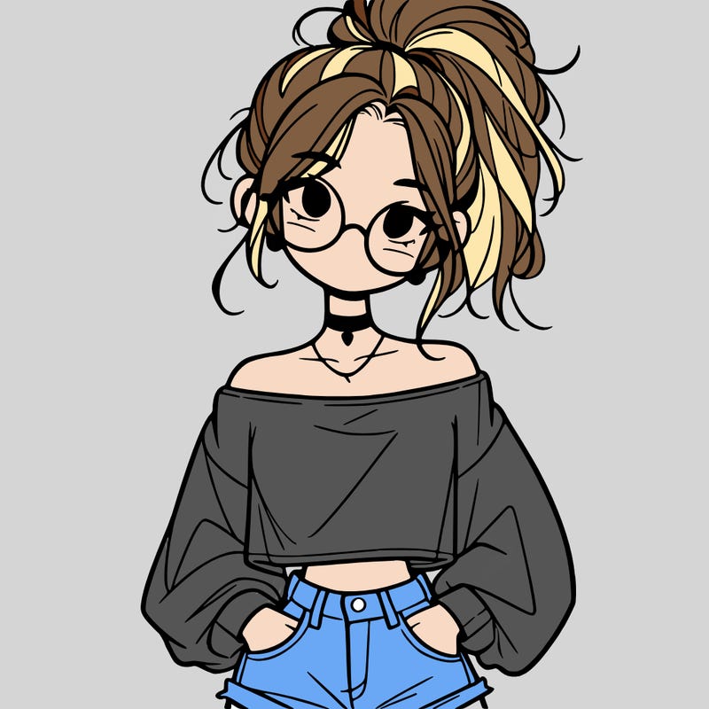 girl with a messy ponytail glasses a baggy crop top and jean shorts