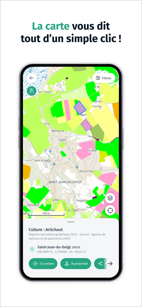 Cartes IGN app interface showing an interactive map with agricultural land use details and crop identification for an artichoke field.