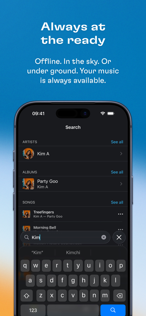 Doppler MP3 & FLAC Player - Doppler app search screen displaying offline music results for an artist