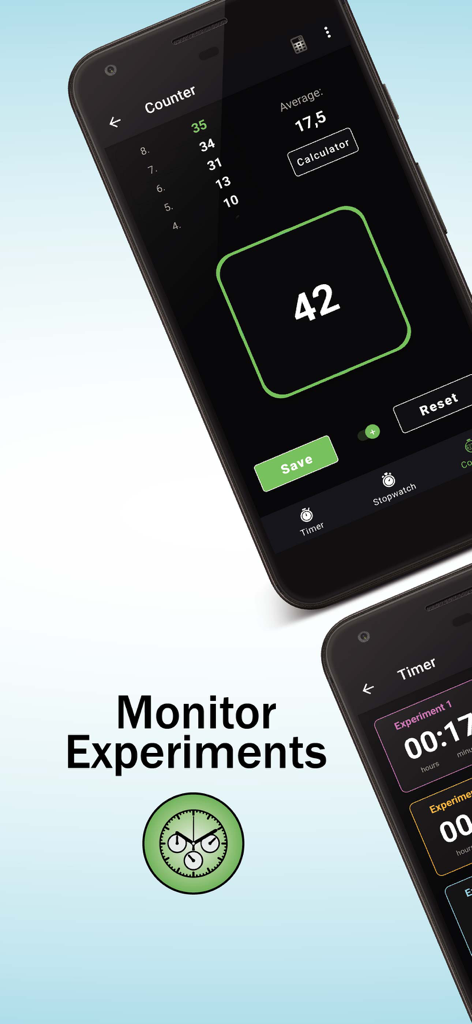 Lab.Hacks - Lab.Hacks mobile app interface showing digital counter and multiple experiment timers for laboratory research