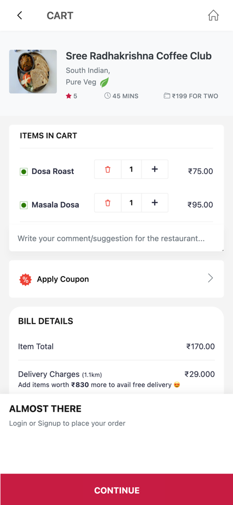 A mobile screen showing the PESITO app shopping cart with a South Indian food order from a local restaurant including dosa items and bill details