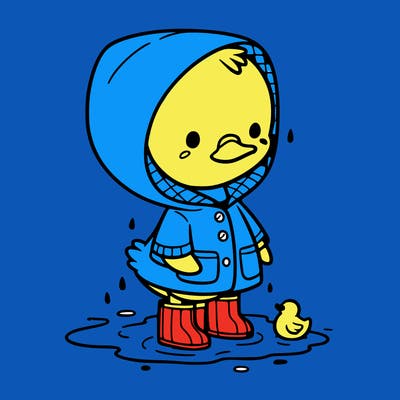 baby duck in a rain coat and boots, in a puddle while it’s raining