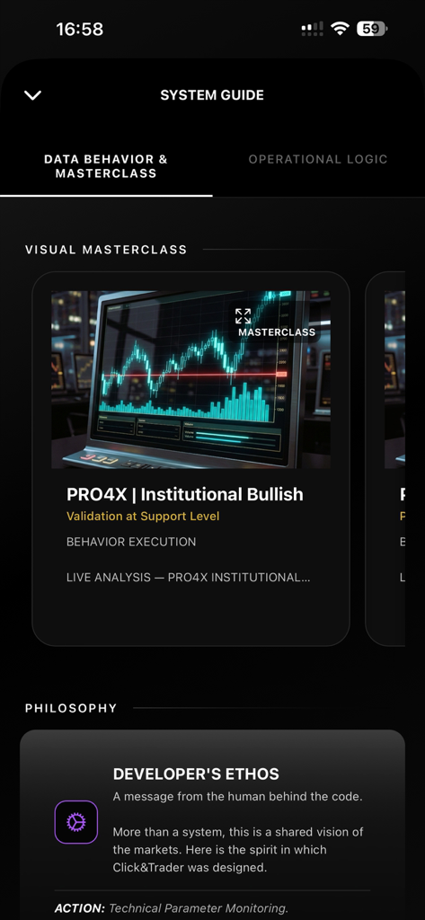 Click&Trader - Pantalla de la guía del sistema de la aplicación Click and Trader que muestra una masterclass visual alcista institucional y la sección de ethos del desarrollador.