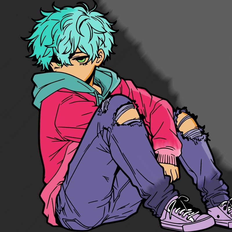 a male hoddie ripped jeans messy hair anime