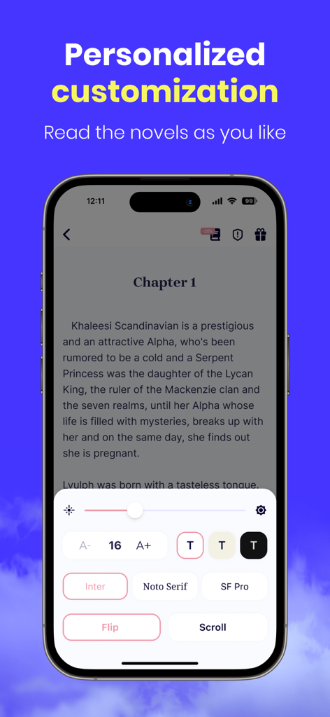 Smartphone screen showing the AlphaNovel app reading interface with personalized settings for font size, style, and themes.