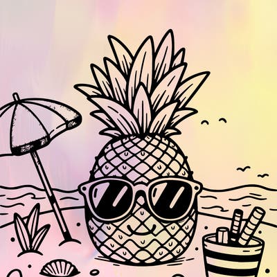 a pineapple wearing sunglasses at the beach