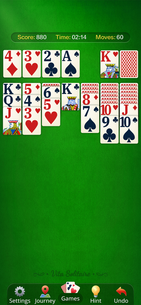 Vita Solitaire for Seniors - Gameplay screen of Vita Solitaire for Seniors showing large easy to read cards on a green background