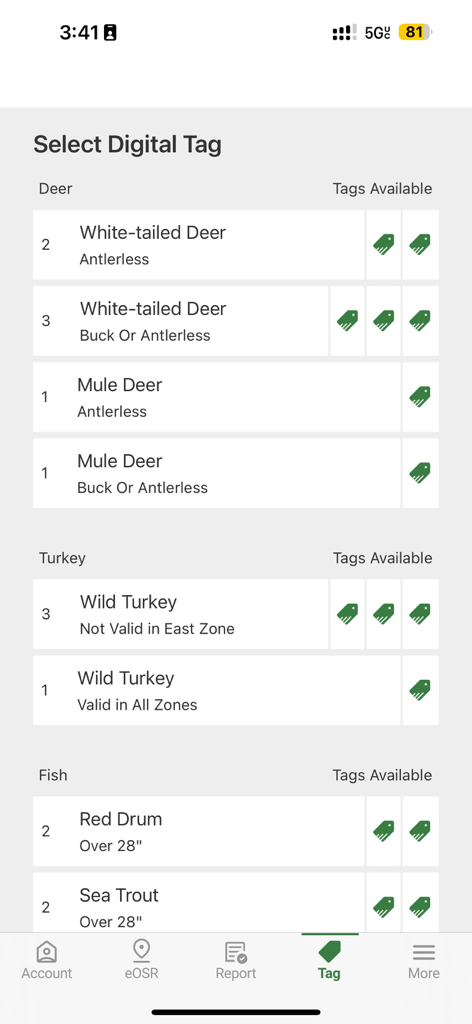 Digital tag selection screen for deer turkey and fish in the Texas Hunt and Fish app