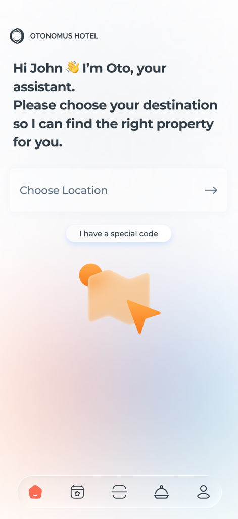 KEE by Otonomus app home screen featuring the digital assistant Oto and a destination search bar for hotel booking.