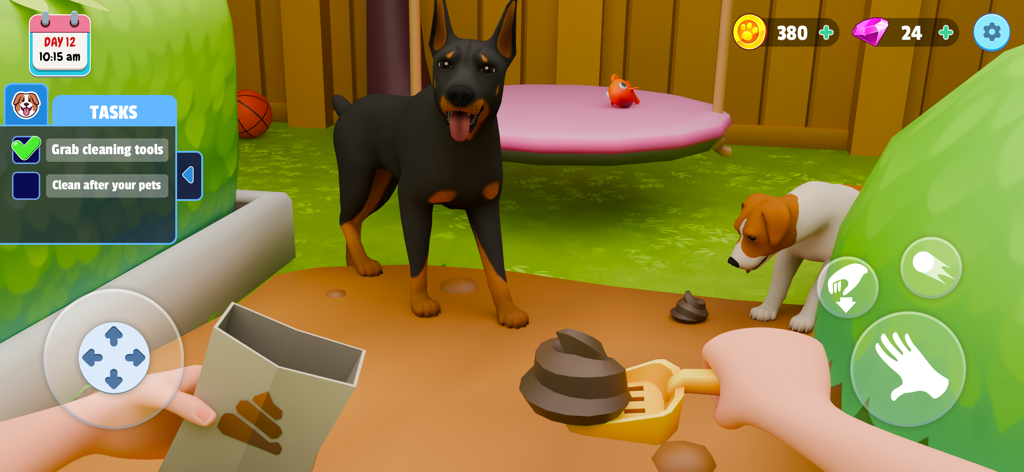 Dog Simulator: My Pets - First person gameplay view of cleaning up after dogs in a virtual pet simulator app.