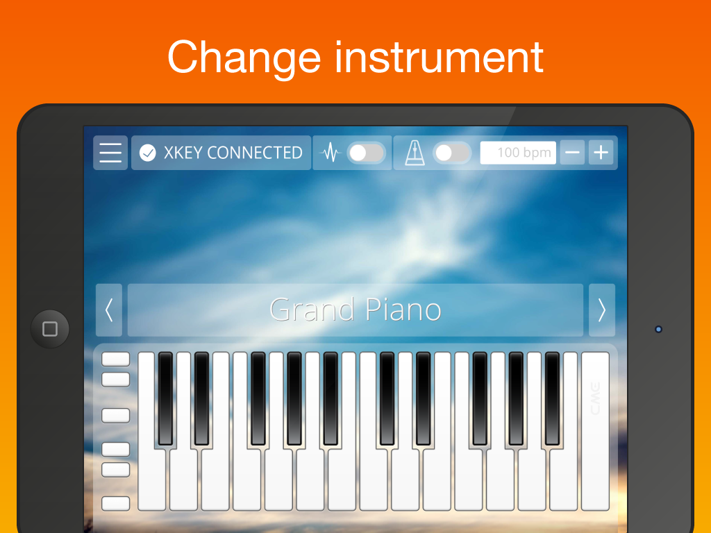 Xkey Piano - Xkey Piano app interface on iPad showing the grand piano instrument selection and virtual keyboard