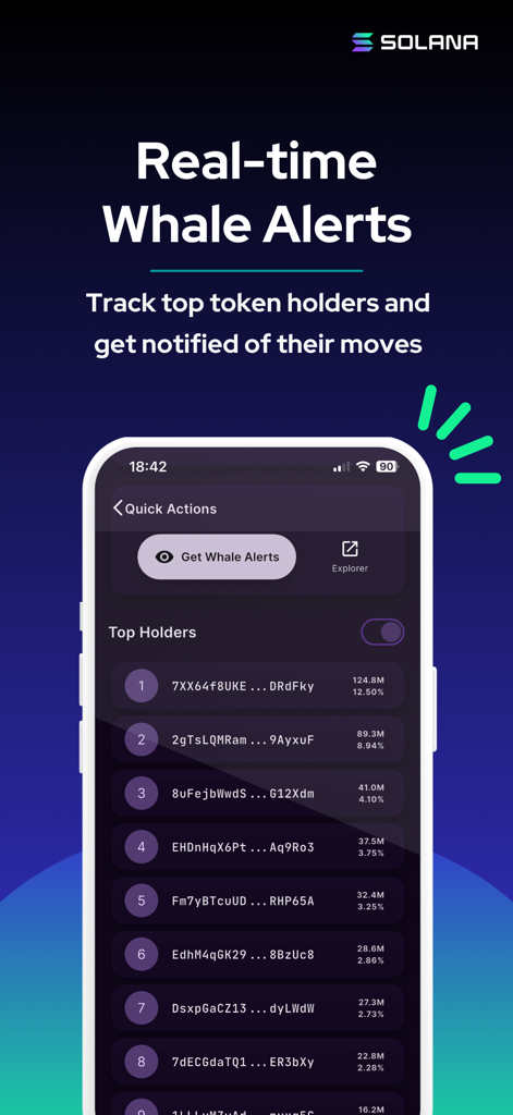 Solana Wallet Tracker app interface displaying real-time whale alerts and a list of top token holders