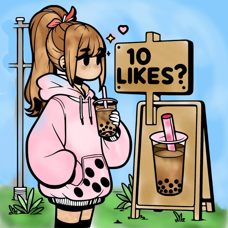 girl with oversized hoodie drinking boba and she has a high ponytail with a sign that says 10likes?