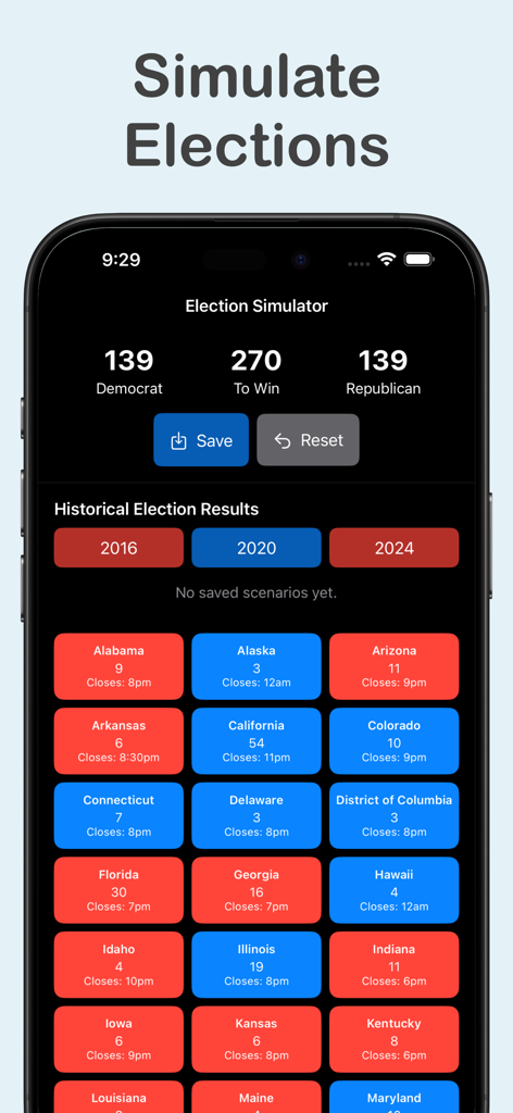 VoteMapper Election Simulator - VoteMapper app interface showing a simulated US electoral college map with red and blue state results