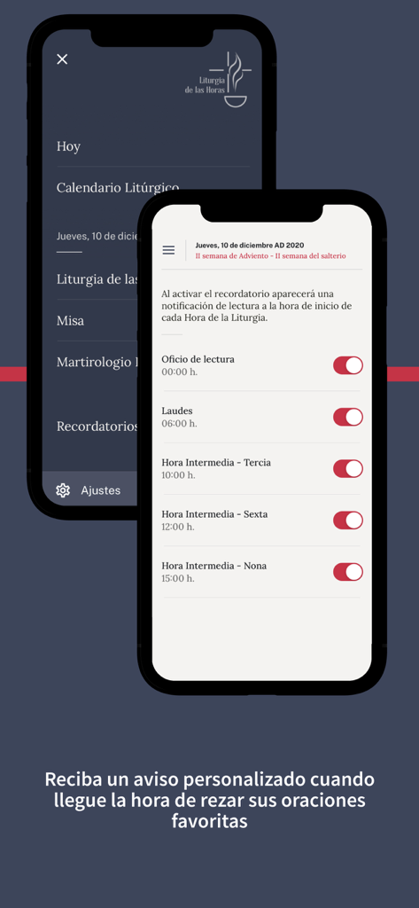 Liturgia de las Horas CEE - Tela de configurações de lembretes de oração para várias horas litúrgicas no aplicativo Liturgia das Horas CEE