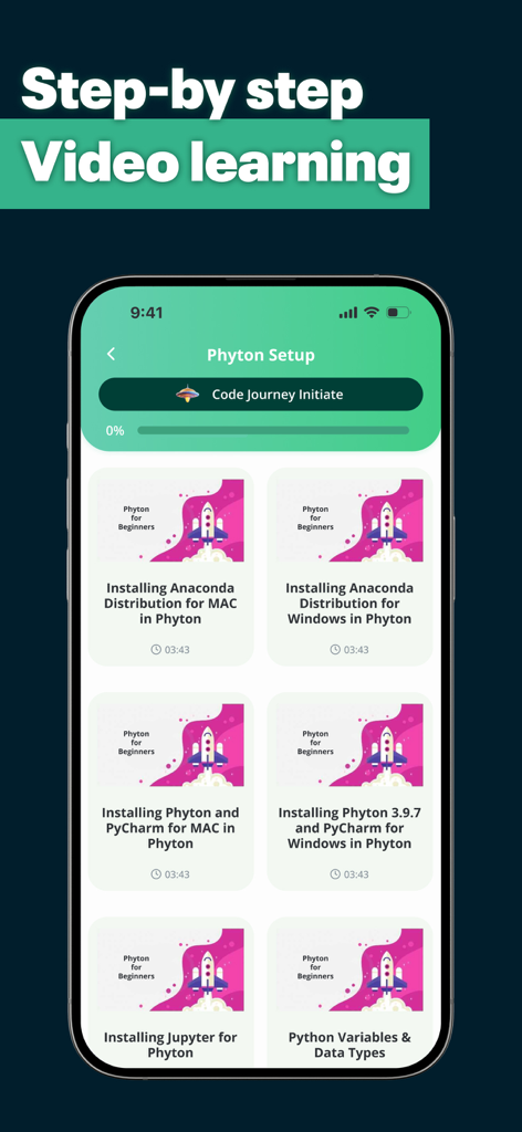 The app interface showing step by step video tutorials for Python setup on Mac and Windows.