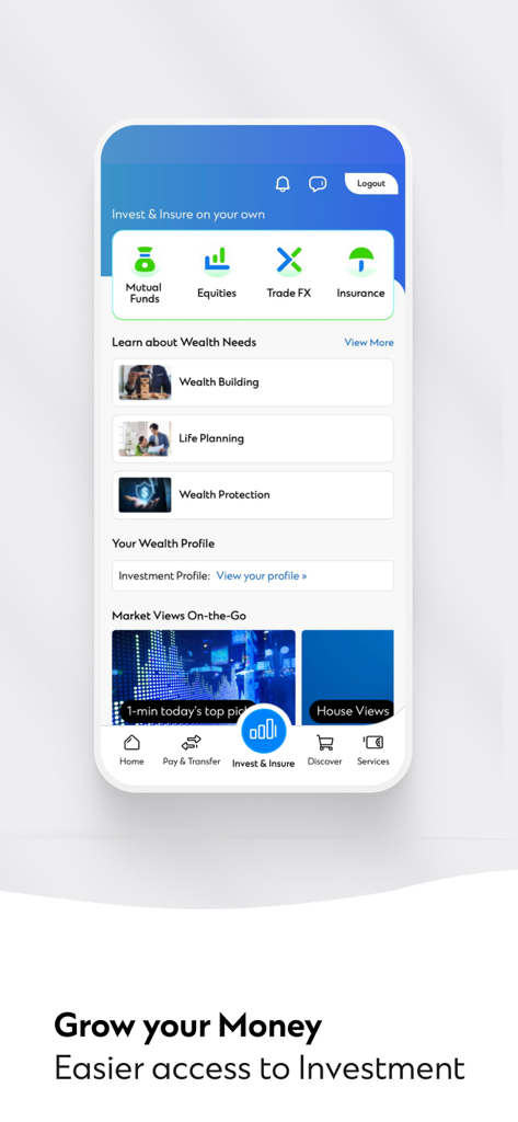 SC Mobile Banking (UAE) - SC Mobile Banking UAE app investment screen showing options for mutual funds, equities, and trade FX