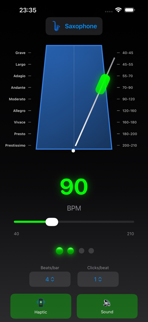 M@tronome - Interface do aplicativo M@tronome com um pêndulo digital e configurações de tempo de 90 BPM com opções haptic e de som.