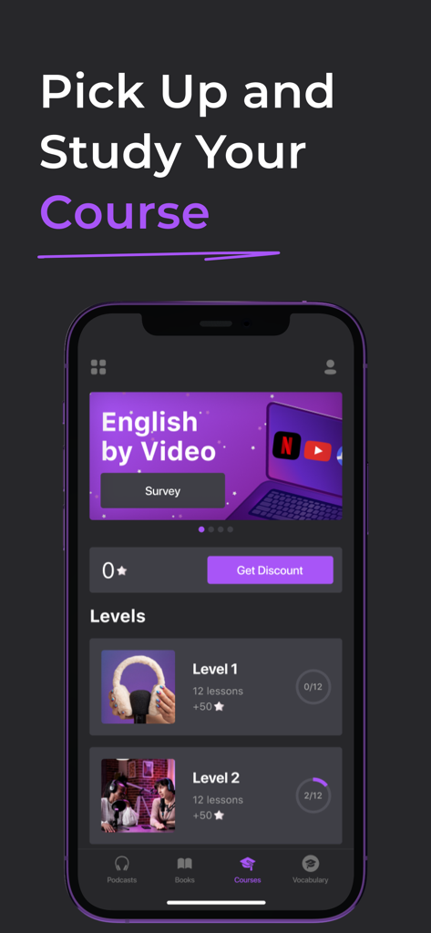 Fluent by Audio & Podcast - Fluent app interface showing structured English language learning courses and levels