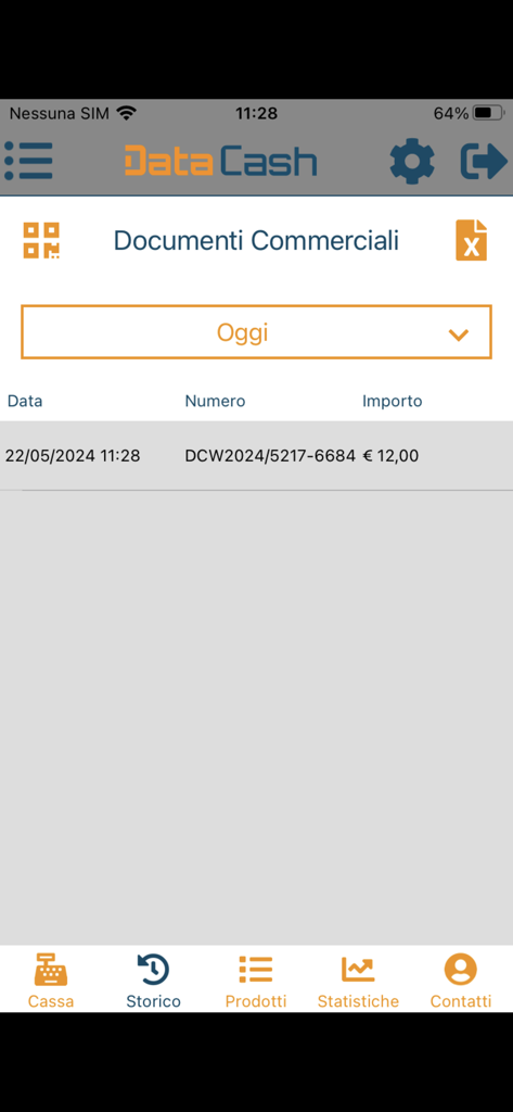 Data Cash - Interface of Data Cash mobile POS app displaying commercial documents and transaction history