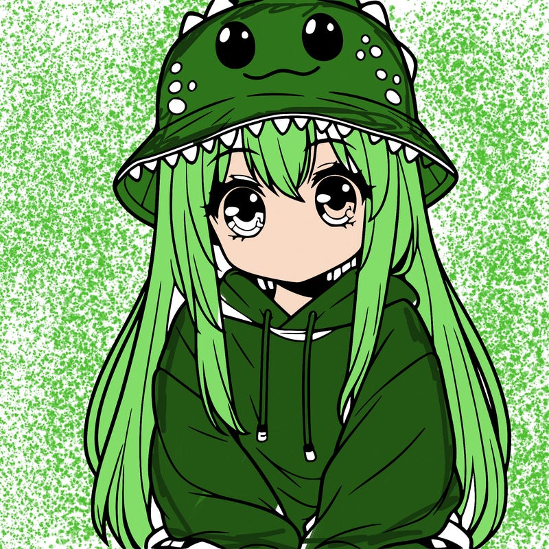 girl with anime shaped eyes with a dinosaur bucket hat oversized sweatshirt long straight hair