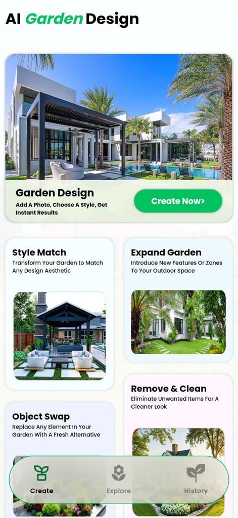Landscape Design: My AI Garden - The home screen of the Landscape Design My AI Garden app displaying various design features like Style Match and Object Swap