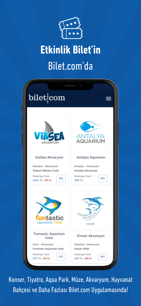 Bilet.com: Uçak Otobüs Feribot - Bilet.com mobile app screen showing options to book event tickets for aquariums and attractions in Turkey