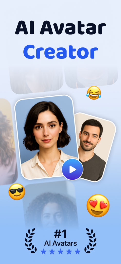 Synthesia AI app interface displaying various AI-generated digital human avatars and a top rating badge