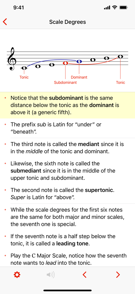Theory Lessons - Theory Lessons app screen explaining musical scale degrees with a staff notation diagram.