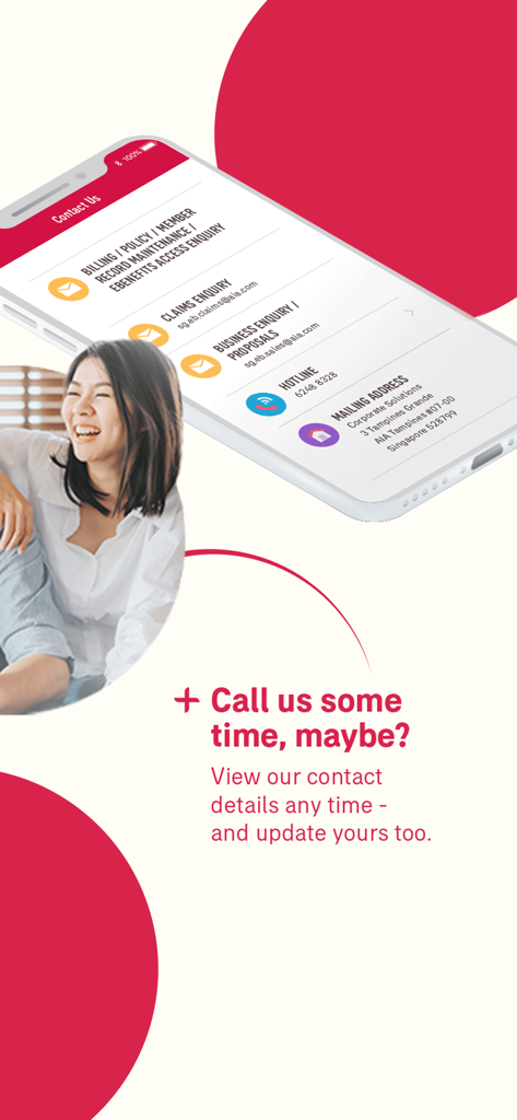 Tela de contato do aplicativo AIA eBenefits mostrando suporte por e-mail e informações de hotline