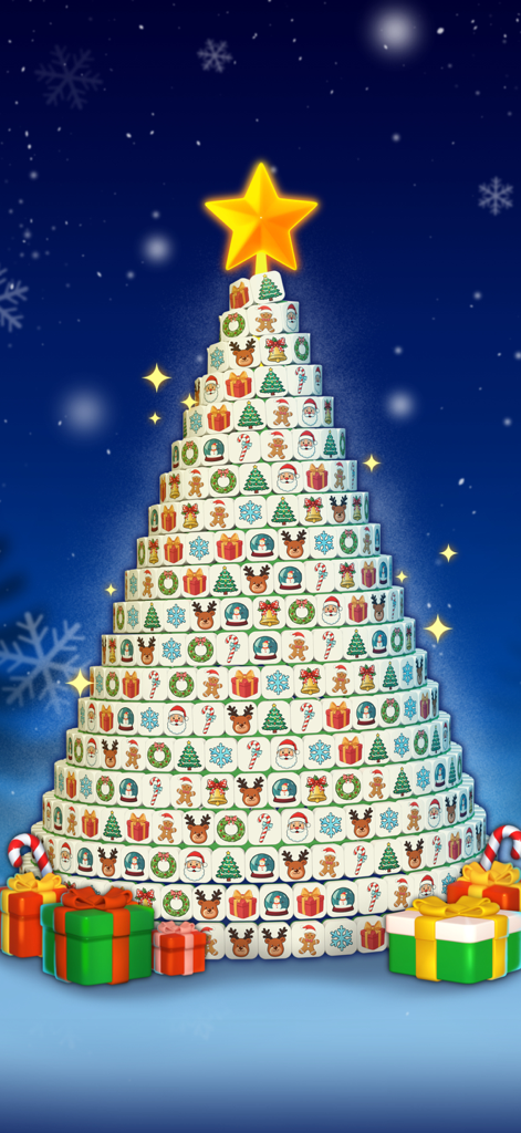 Tile Triple 3D - A Christmas tree shaped puzzle made of 3D tiles with holiday symbols and gifts