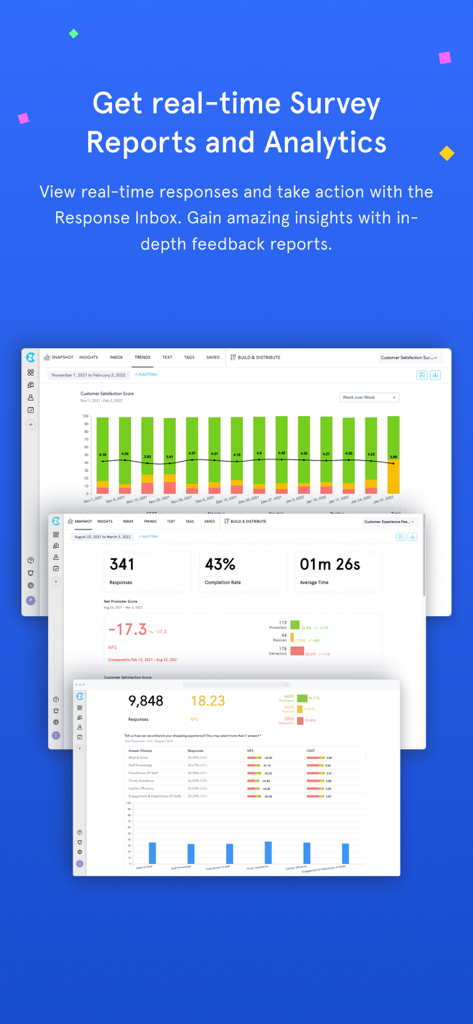 Zonka Feedback-Surveys, Kiosk - Zonka Feedback app screens showing real-time survey reports and customer satisfaction analytics dashboard.