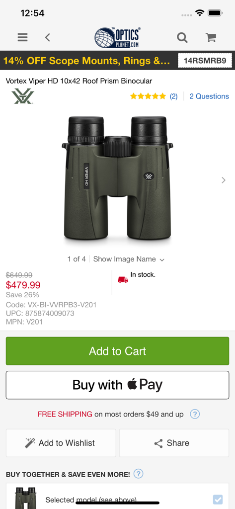 OpticsPlanet.com - Product page for Vortex Viper HD binoculars on the OpticsPlanet app featuring pricing and purchase buttons