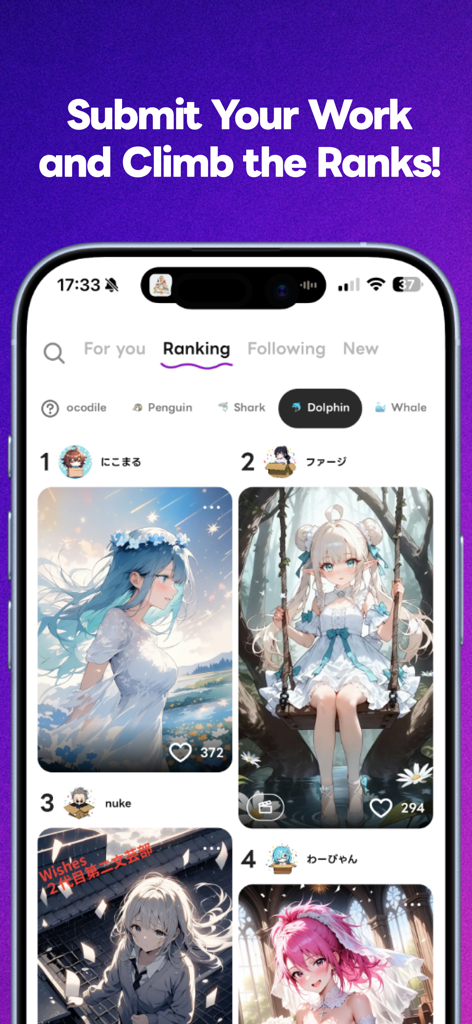 Days AI - AI Art & OC Creator - Community ranking page in the Days AI app displaying top original anime character illustrations and artist rankings