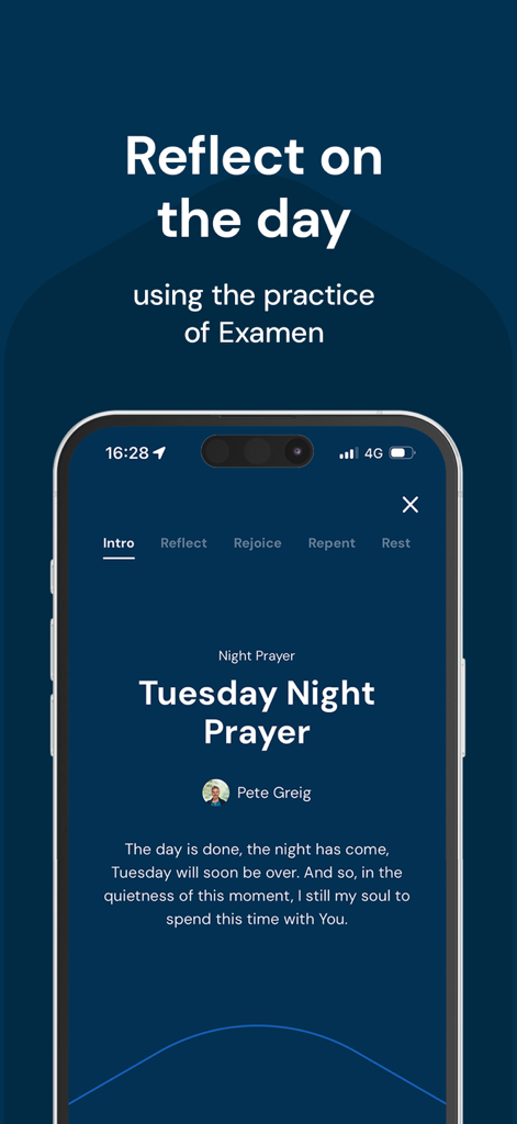 Lectio 365: Daily Bible Prayer - Lectio 365 app screenshot displaying a night prayer session using the practice of Examen