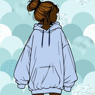 realistic girl with a oversized sweatshirt on and a bun