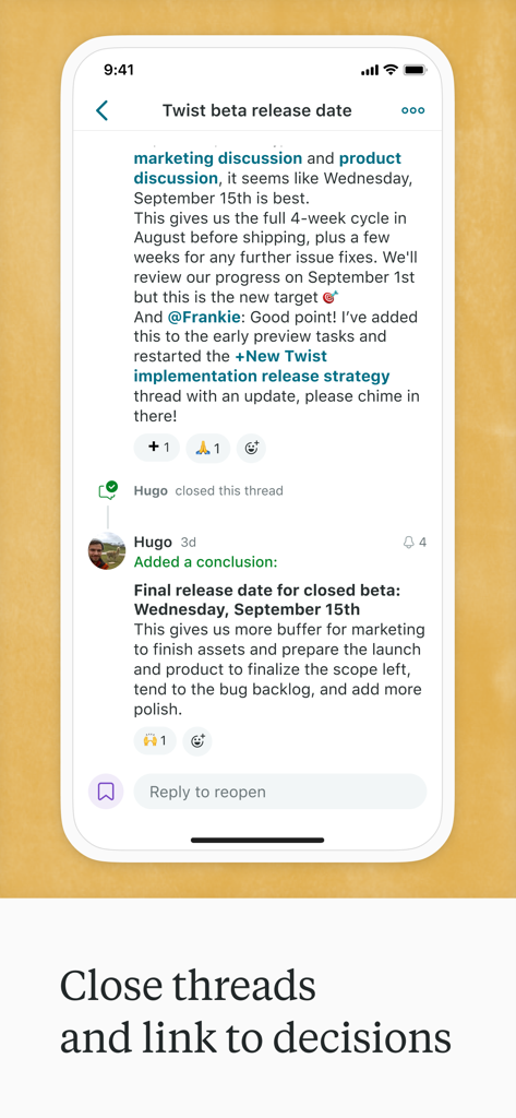 Captura de tela móvel do Twist mostrando uma conversa fechada com a conclusão final de uma decisão de projeto