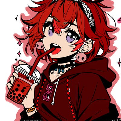 hot baddie anime girl drinking boba and biting the straw