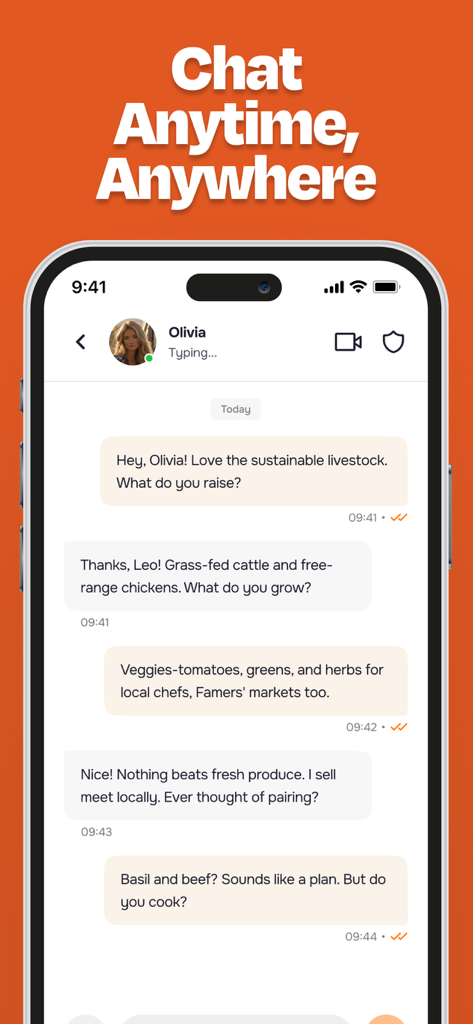 Farmers Matchアプリのチャットインターフェースのスクリーンショット。2人のユーザーが家畜と新鮮な農産物について話し合っています。