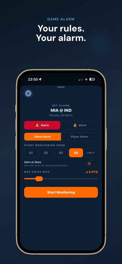Clutch Alarm - Interface of the Clutch Alarm app for setting custom basketball game alerts based on quarter and point difference