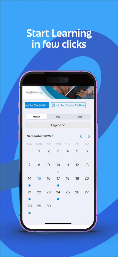 Studio Arabiya app interface showing the course calendar for student schedules
